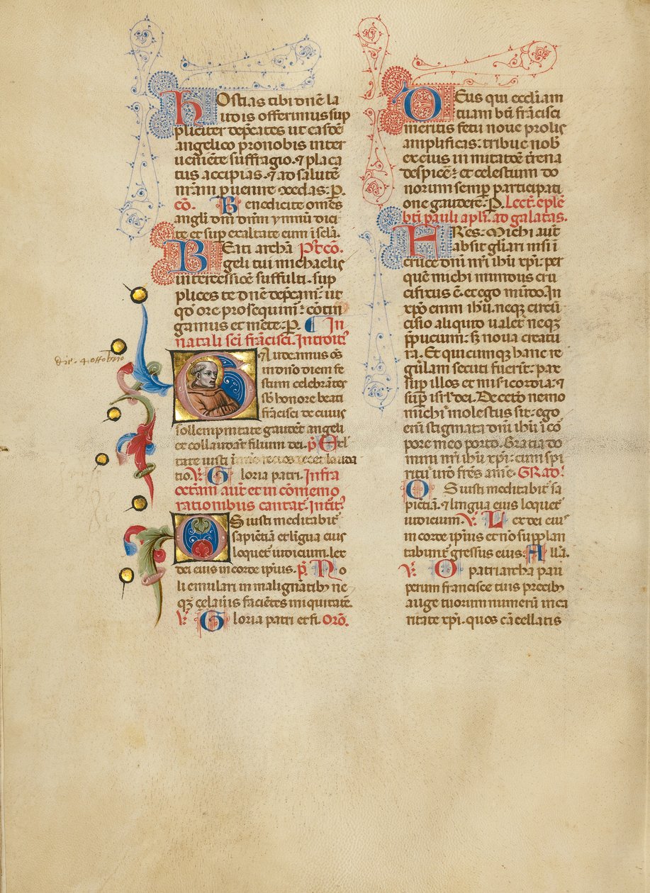 G kezdőbetű: Szent Ferenc alkotó: Master of the Brussels Initials