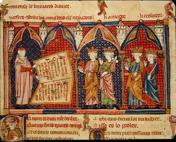 Fol.5v Ermengaut mester bemutatja könyvét négy királynak alkotó: Matfre Ermengaut