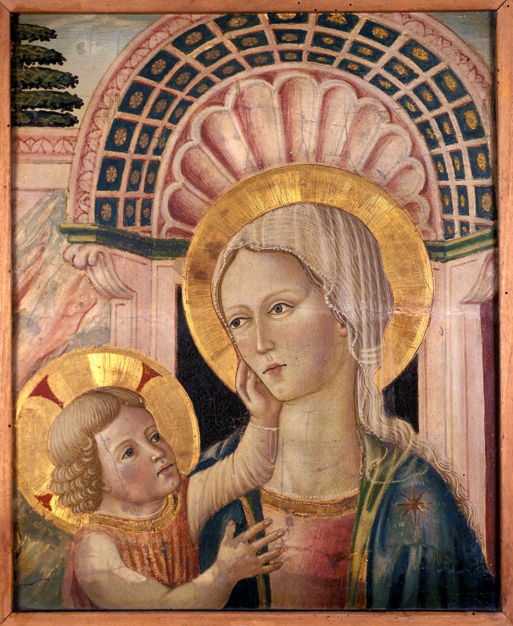 Madonna és gyermeke egy fésűkagyló-rés előtt (tempera nyárfán) alkotó: Matteo da Gualdo