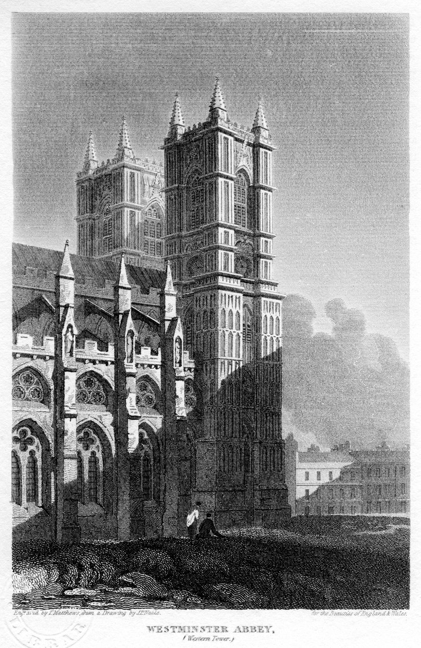 Nyugati tornyok, Westminster Abbey, London, 1815. alkotó: Matthews