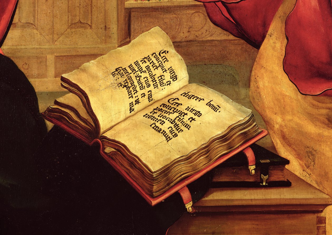 A Szűzanya könyve, részlet az Isenheimi Oltárképről, 1512-16 körül, a Meghirdetésről. alkotó: Matthias Grünewald