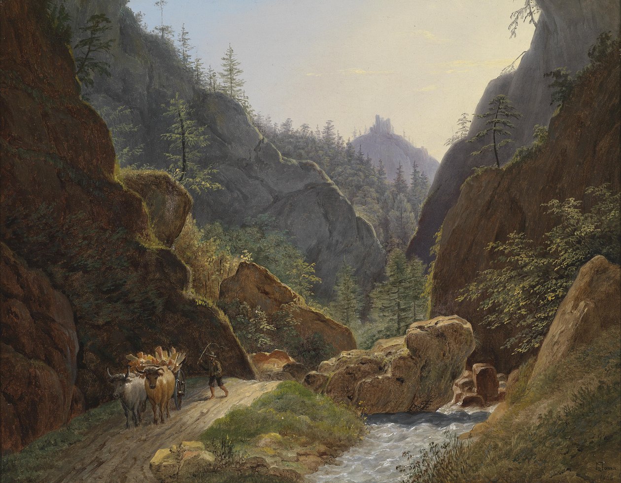 Gazda ökörcsapattal Schottwien közelében, kilátással a Klamm romokra alkotó: Matthias Rudolf Toma