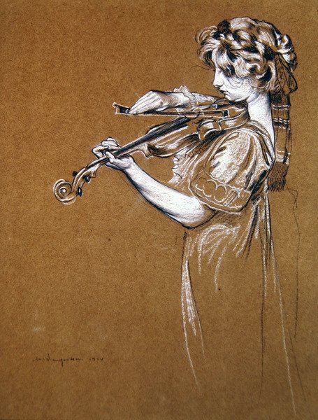 Fiatal lány hegedül alkotó: Maurice Langaskens