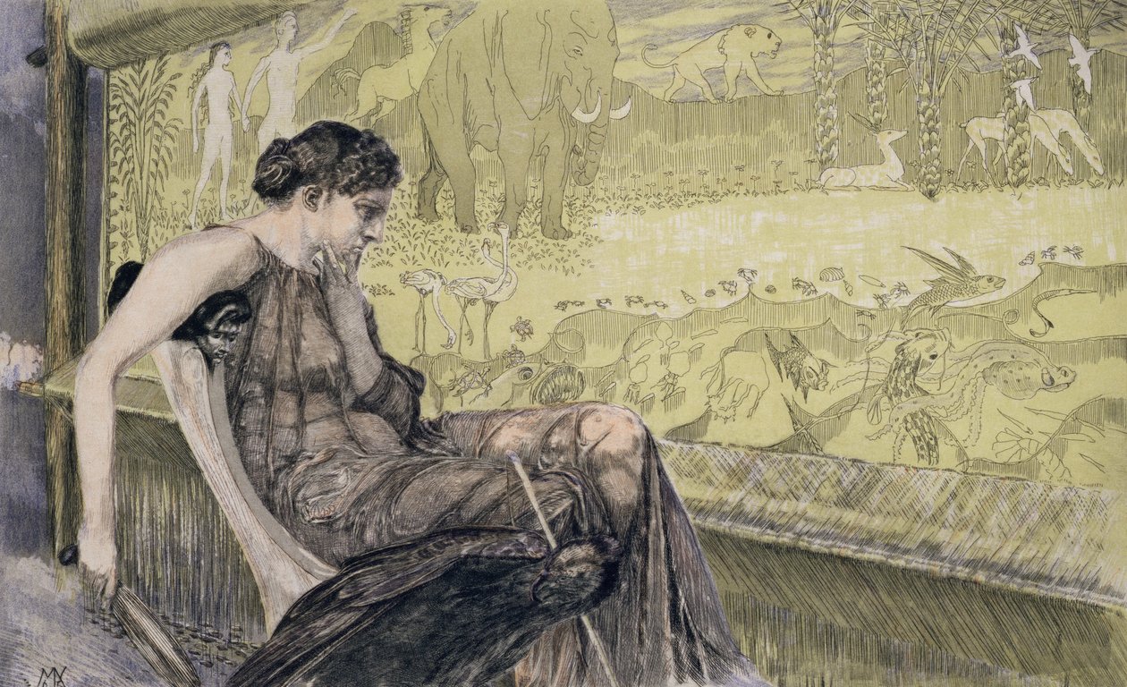 Pénelopé leplet sző apósának, Laertesnek, miközben férje, Odüsszeusz visszatérésére vár, 1895 (színes metszet) alkotó: Max Klinger