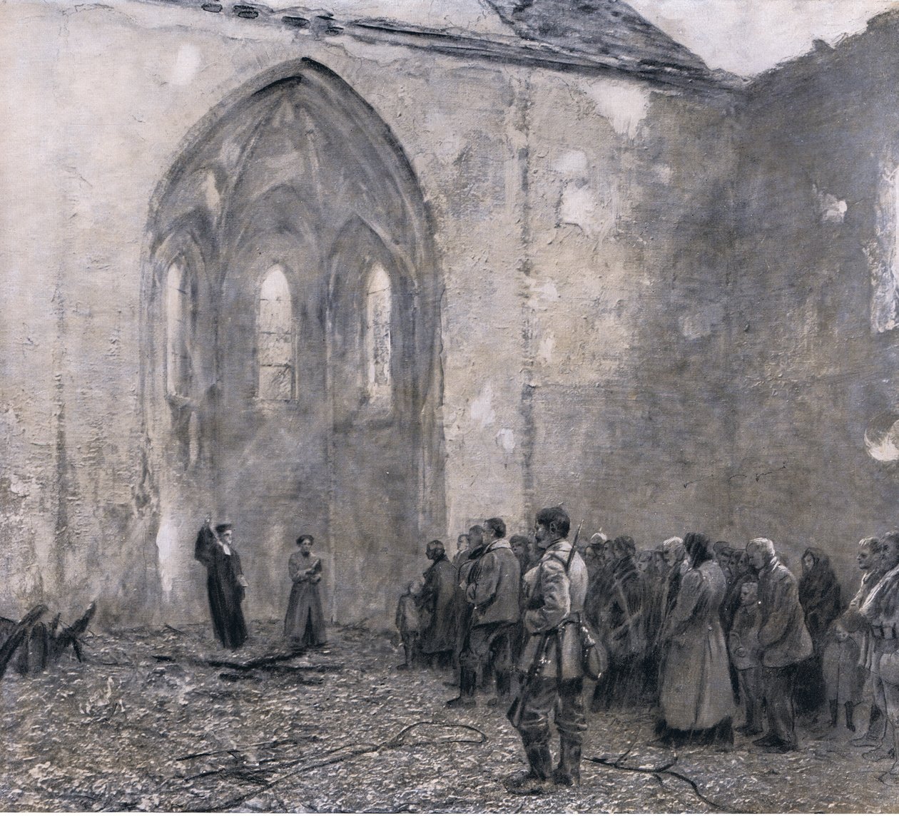 Kelet-Poroszország az orosz „terror napjai” után. Az első istentisztelet a lerombolt szerencsés templomban, hindenburgi illusztráció, Daterlandischer Derlag C U Weller Berlin, 1922 alkotó: Max Rabes