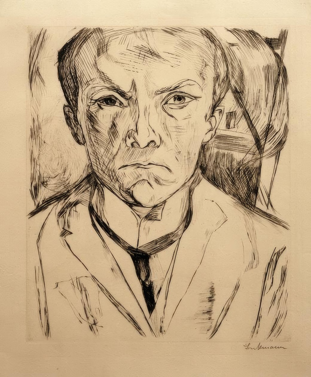 Önarckép elölről, a háttérben a ház oromzata alkotó: Max Beckmann