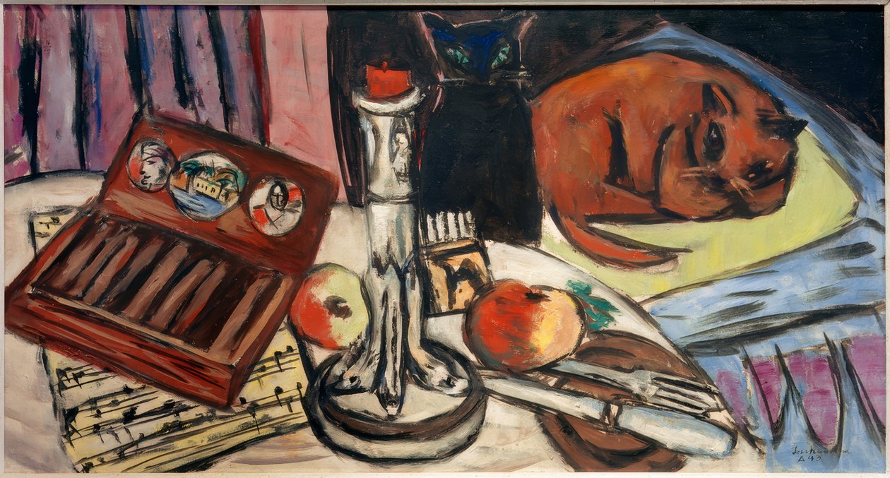 Csendélet ezüst gyertyatartóval (csendélet macskákkal) alkotó: Max Beckmann