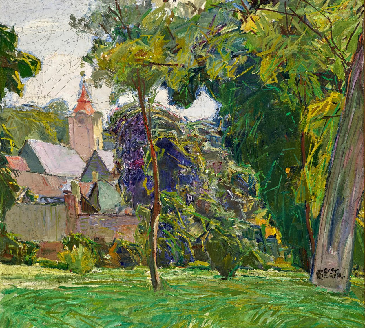 August Rieger park tájkép templommal alkotó: Max Kahrer