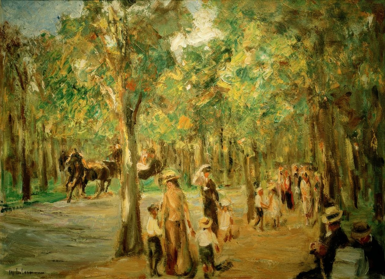 Avenue a Tiergartenben sétálókkal és kocsival alkotó: Max Liebermann