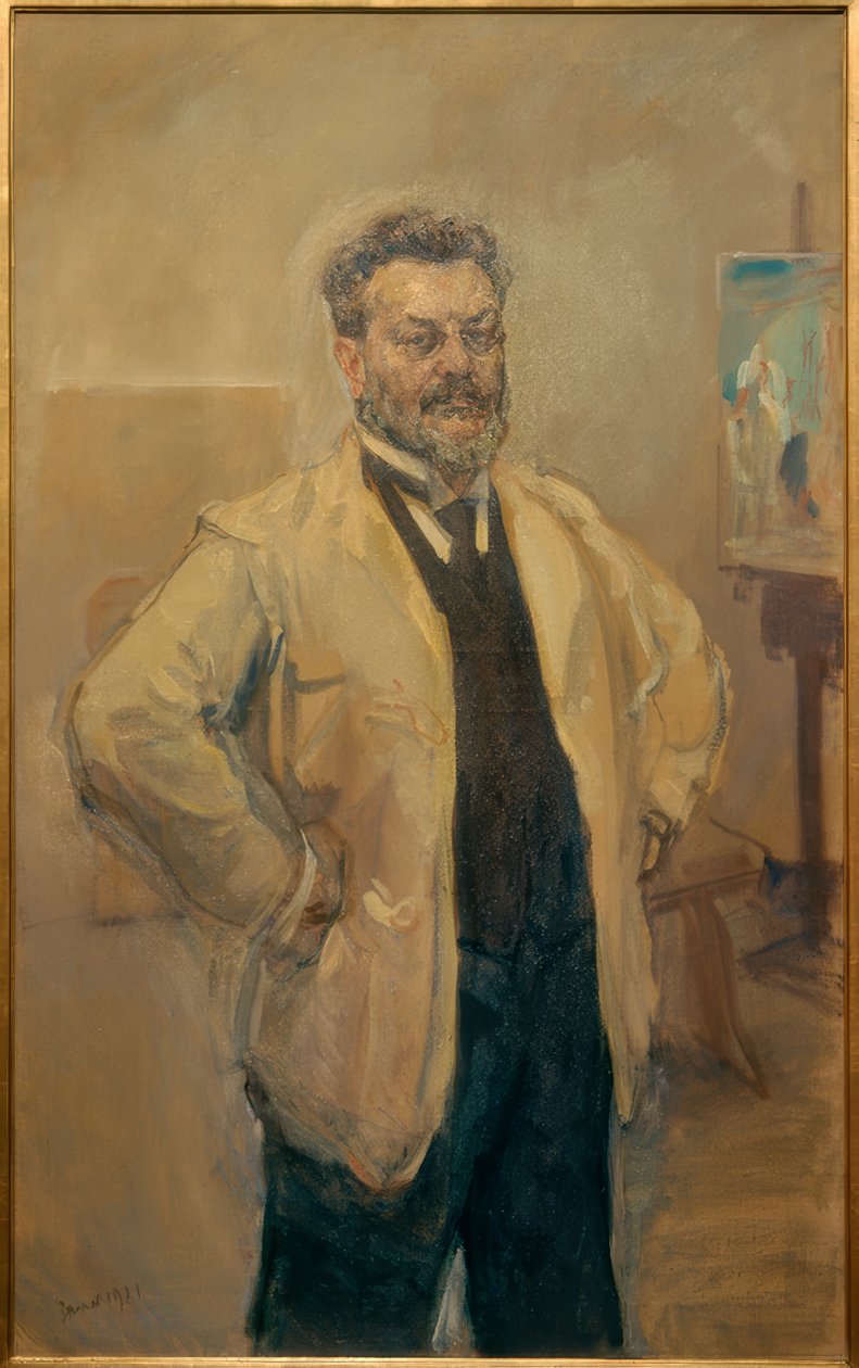 Nagyméretű önarckép a festőállványon alkotó: Max Slevogt