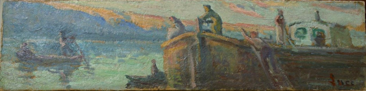 Folyói táj bárkával és csónakokkal alkotó: Maximilien Luce