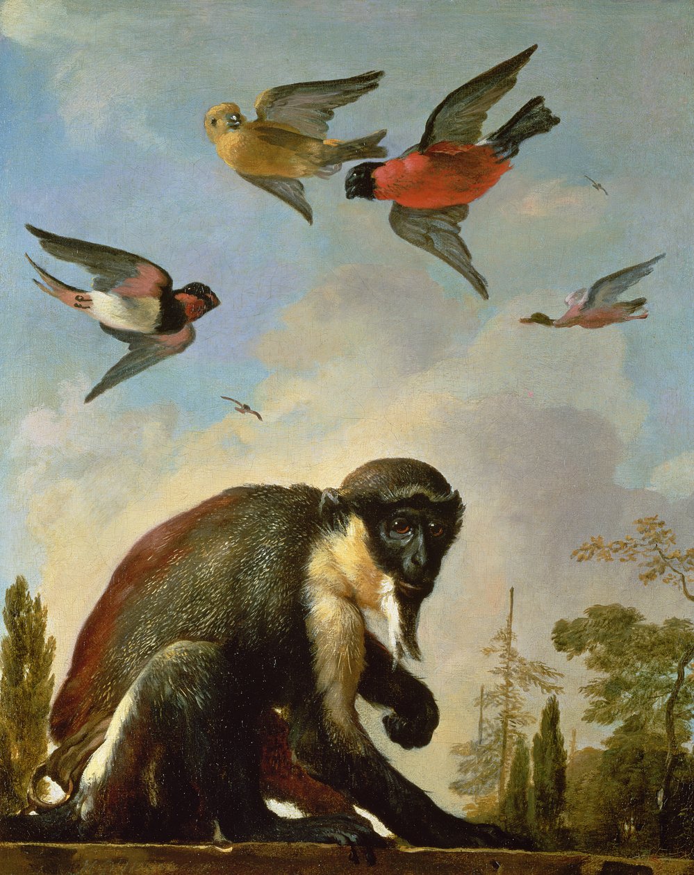 Láncos majom egy tájban alkotó: Melchior de Hondecoeter