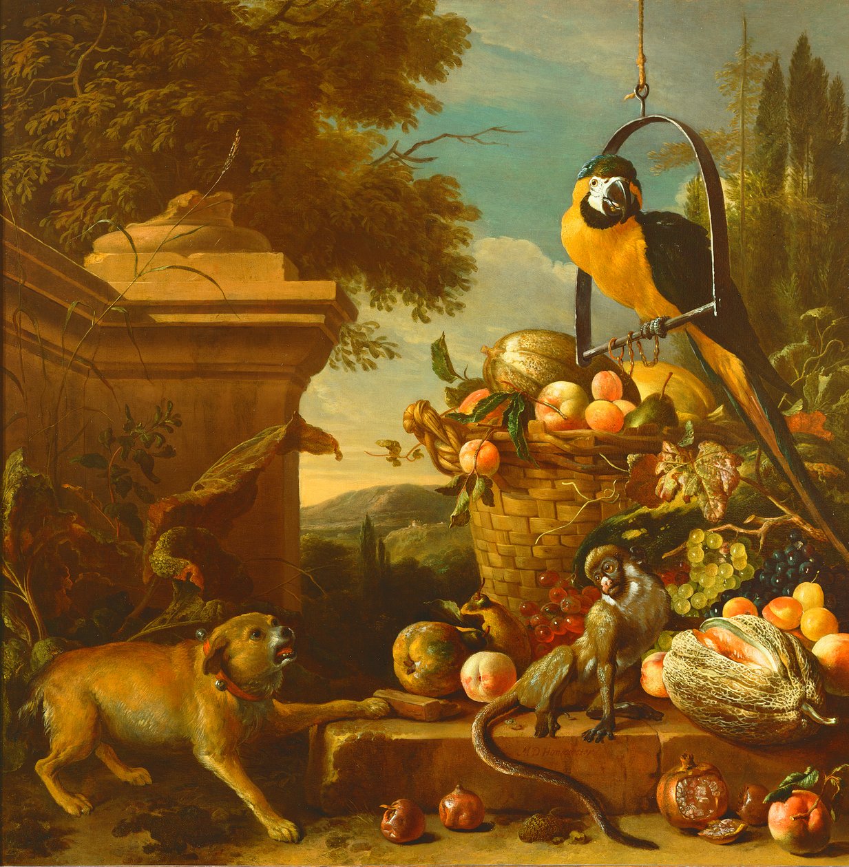 Ara és egy majom alkotó: Melchior de Hondecoeter