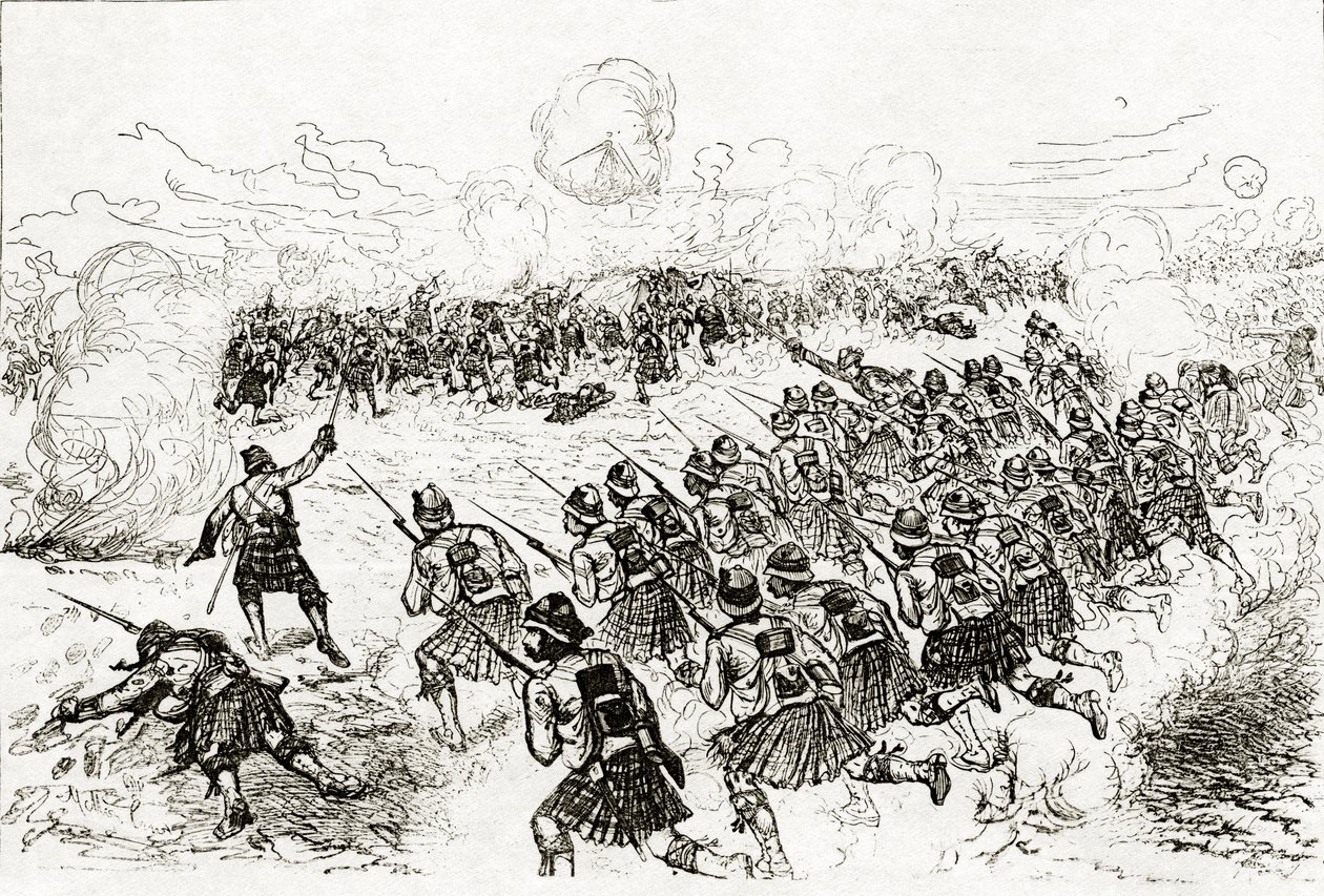 A Black Watch, amely a Tel el-Kebir-i csata rovátkáit tölti be, megjelent a „The London Illustrated News”-ban, 1882. október alkotó: Melton Prior