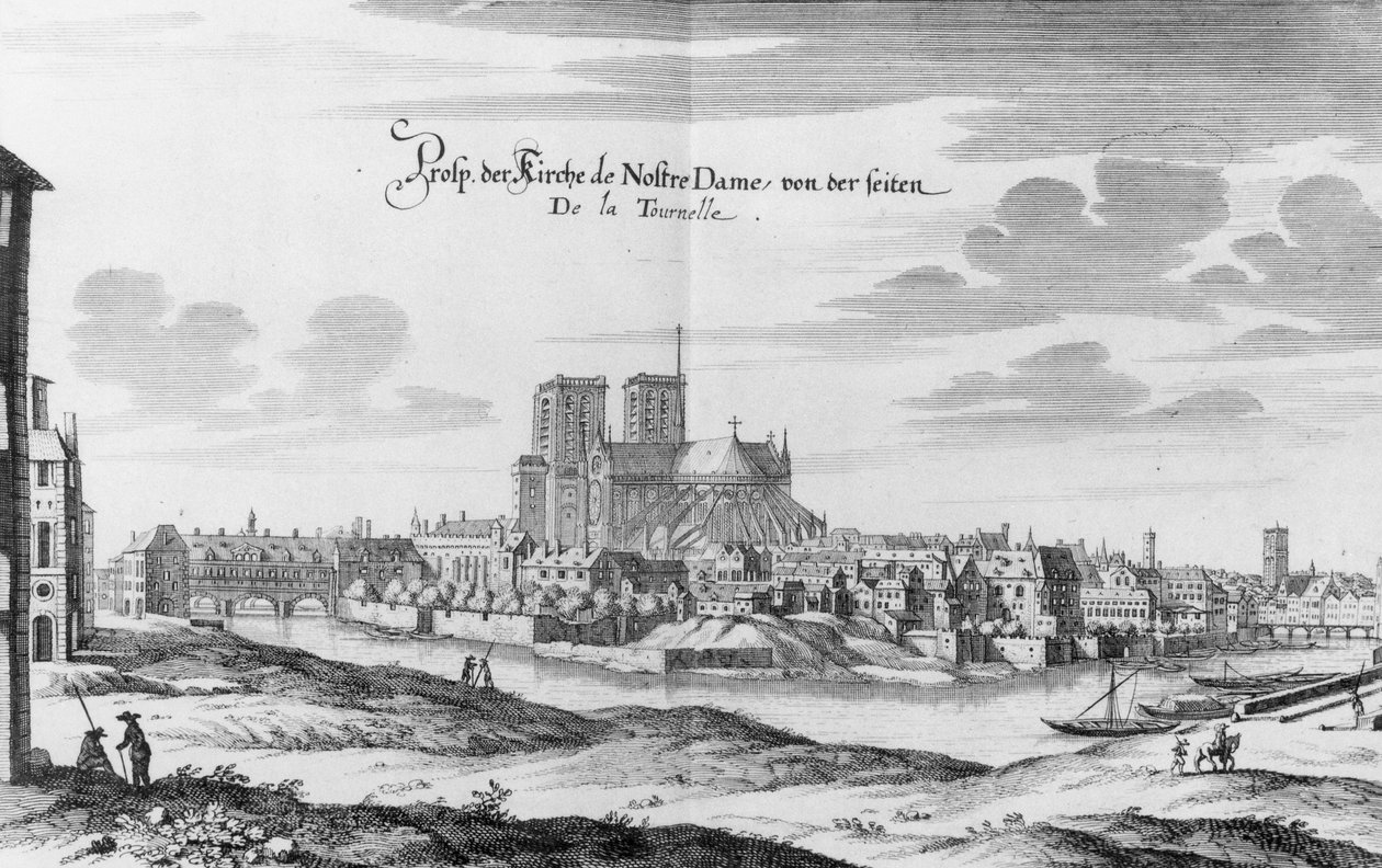 Kilátás a Szajna bal partjáról az Ile de la Cite-re és a Notre Dame-ra, Martin Zeiller „Topographia Galliae” című művéből, 1655-61. alkotó: Merian