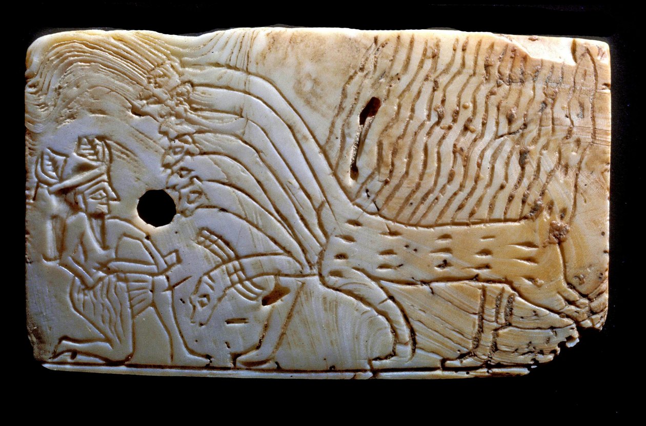 Ninurta és egy szörnyeteg küzdelmét ábrázoló plakett, Kr.e. 1450 körül. alkotó: Mesopotamian