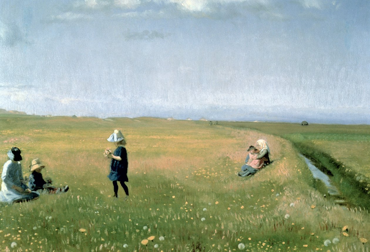 Gyerekek és fiatal lányok virágot szednek a Skagentől északra lévő réten alkotó: Michael Peter Ancher
