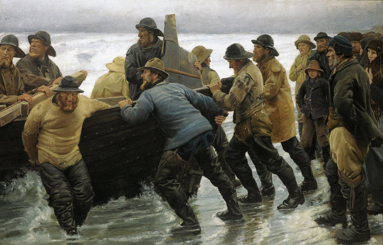 Halászok evezős csónakot indítanak alkotó: Michael Peter Ancher