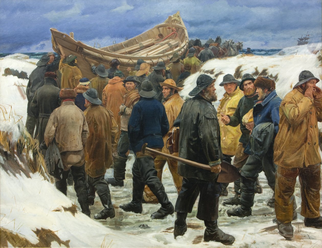 A mentőcsónakot átviszik a dűnéken alkotó: Michael Ancher