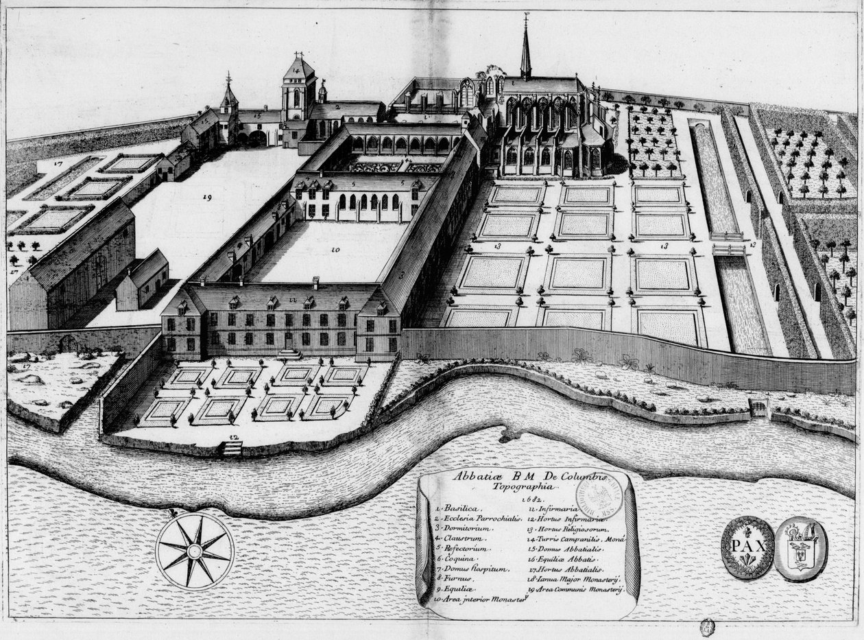 17. századi vésett lemez, amely a Notre-Dame de Coulombs apátságot ábrázolja, a Monasticon Gallicanum könyvben alkotó: Michel Germain
