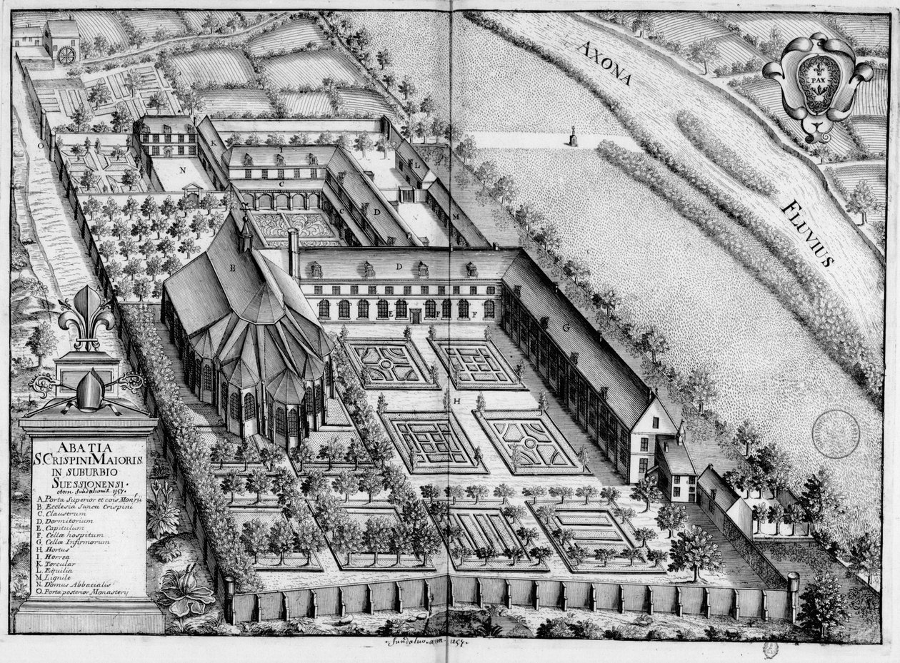17. századi vésett lemez, amely a Saint-Crépin-Le-Grand de Soissons apátságot ábrázolja, a Monasticon Gallicanum könyvben alkotó: Michel Germain