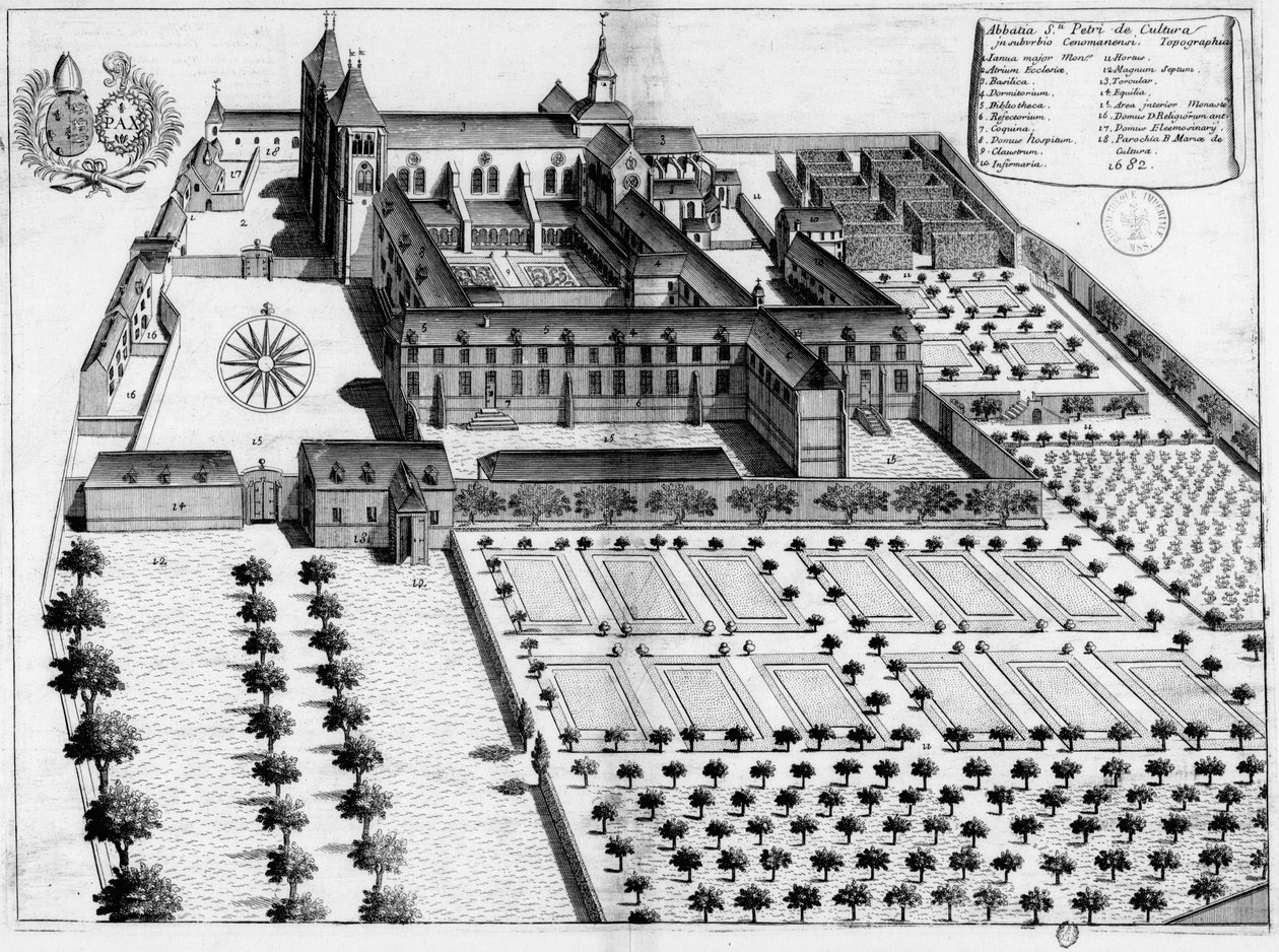 17. századi metszett lemez, amely a Le Mans-i Saint-Pierre de la Couture apátságot ábrázolja, alkotó: Michel Germain