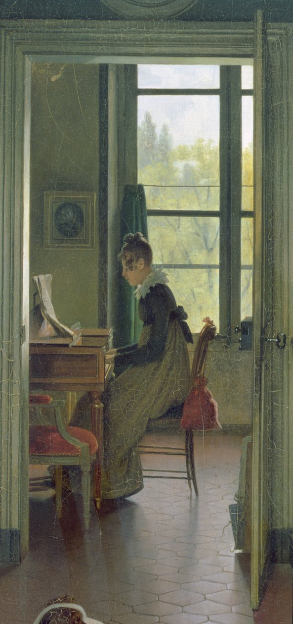 Ebédlő belseje, részlet egy nőről, aki zongorázik a szomszéd szobában, 1816 (106942 részlet) alkotó: Michel Martin Drolling