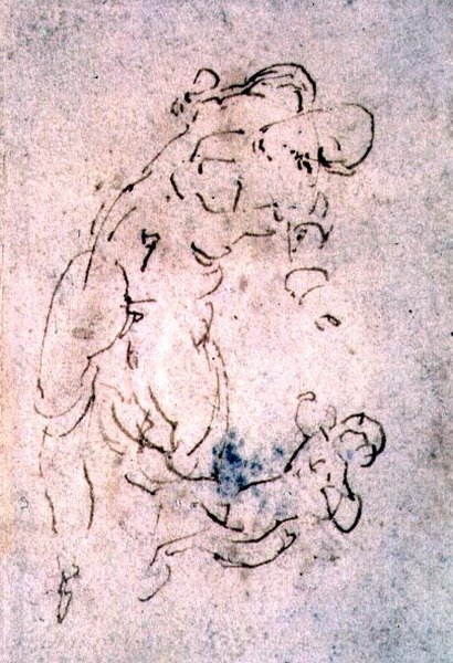 Inv. 1859 6-25-553. R. (W.56) Hanyatt fekvő férfi és gyermek vázlata (vörös kréta) alkotó: Michelangelo Buonarroti