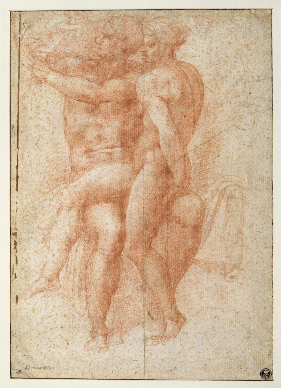 Akt nő egy ülő férfi térdén ülve: Ádám és Éva (szangvinikus, papír). alkotó: Michelangelo Buonarroti
