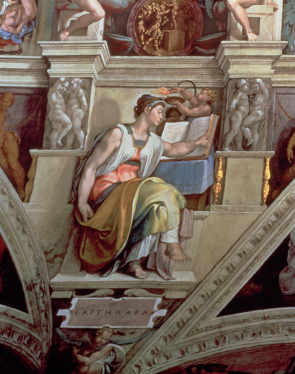 A Sixtus-kápolna mennyezete: Erythraean Sibyl, 1510 (restaurálás után) alkotó: Michelangelo Buonarroti
