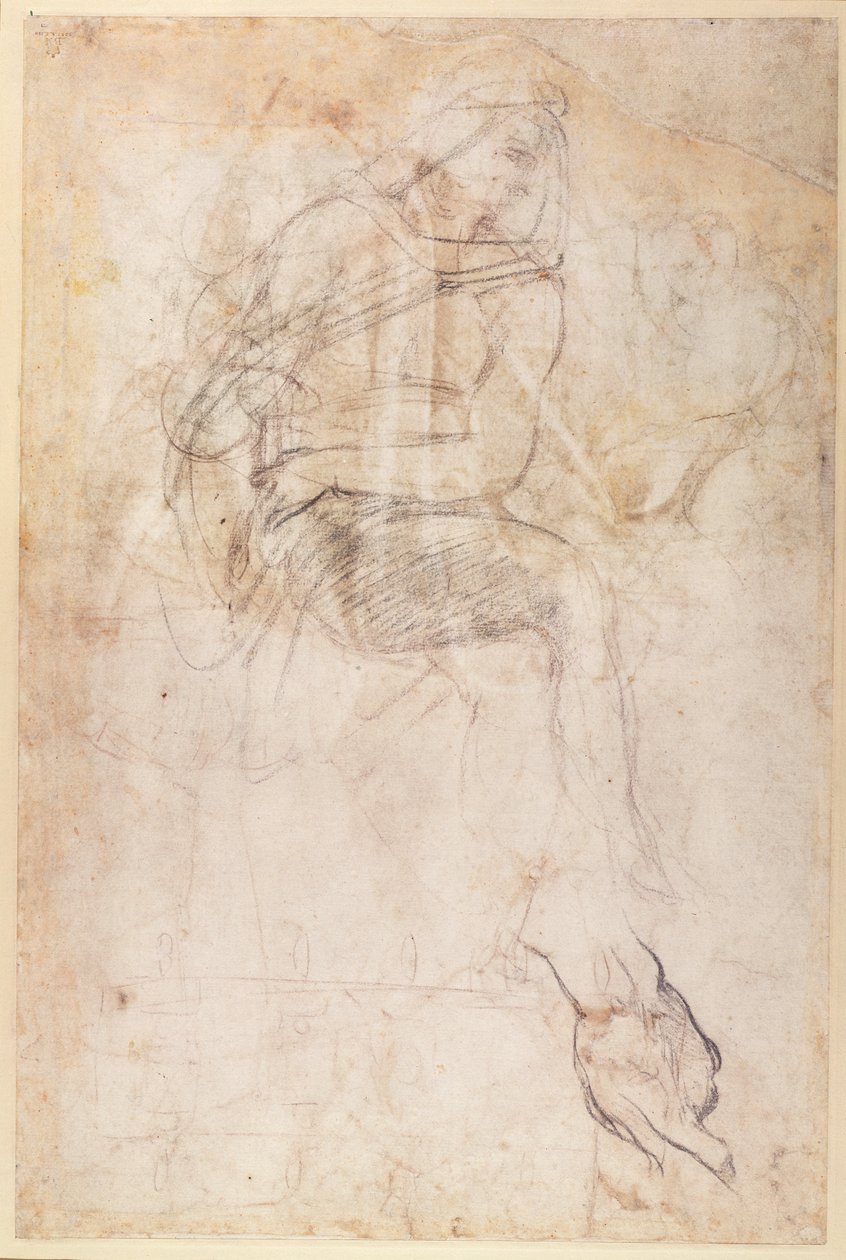 Tanulmány az Ignudiról a perzsa szibilla fölött a Sixtus-kápolnában, 1508-12 (szén papíron) (fordítva) alkotó: Michelangelo Buonarroti
