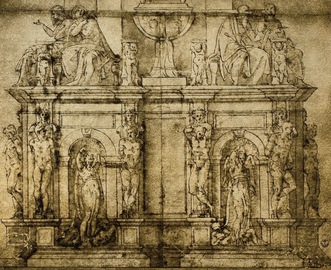 II. Julius pápa sírja, Michelangelo előkészítő rajza, Rajzok és Nyomtatványok kabinetje, Uffizi Galéria, Firenze alkotó: Michelangelo Buonarroti