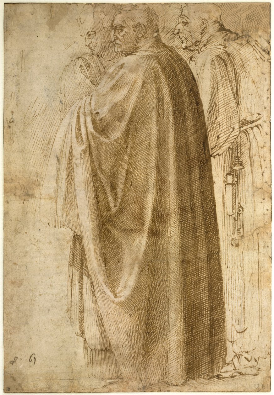 Három álló férfi széles köpenyben alkotó: Michelangelo Buonarroti