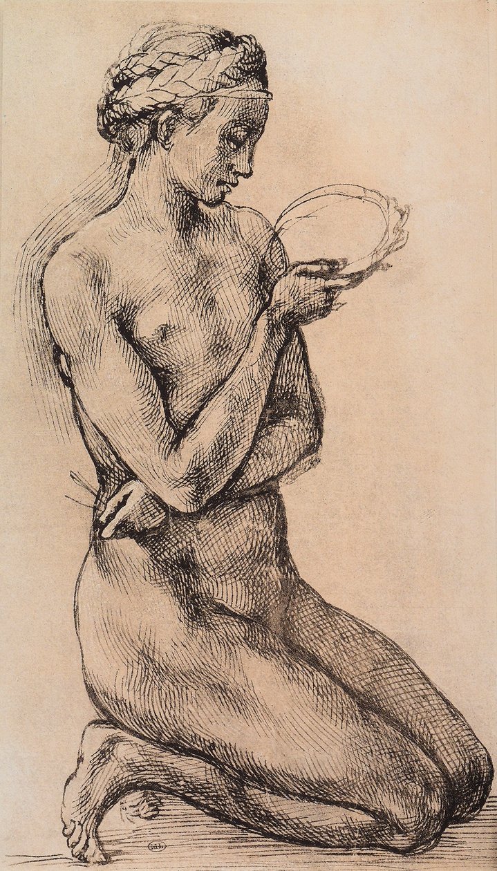 Térdelő nő; rajz Leonardo iskolájából. Louvre, Párizs alkotó: Michelangelo school of Buanorroti