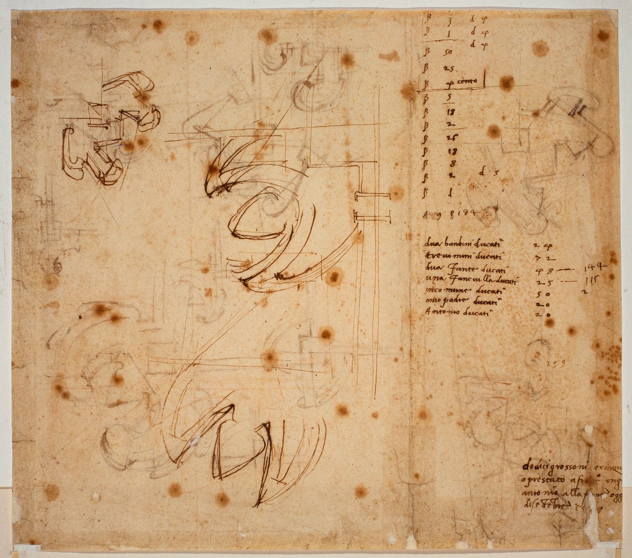 Autográf tanulmányok és számlálások alkotó: Michelangelo Buonarroti