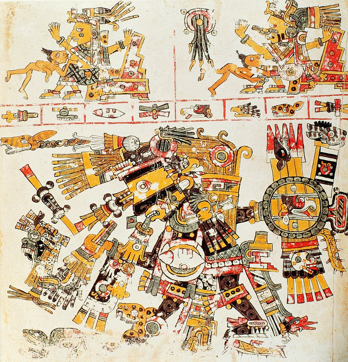 A fekete Tezcatlipocát ábrázoló Borgia-kódex oldalának fakszimile (színes litográfia) alkotó: Mixtec