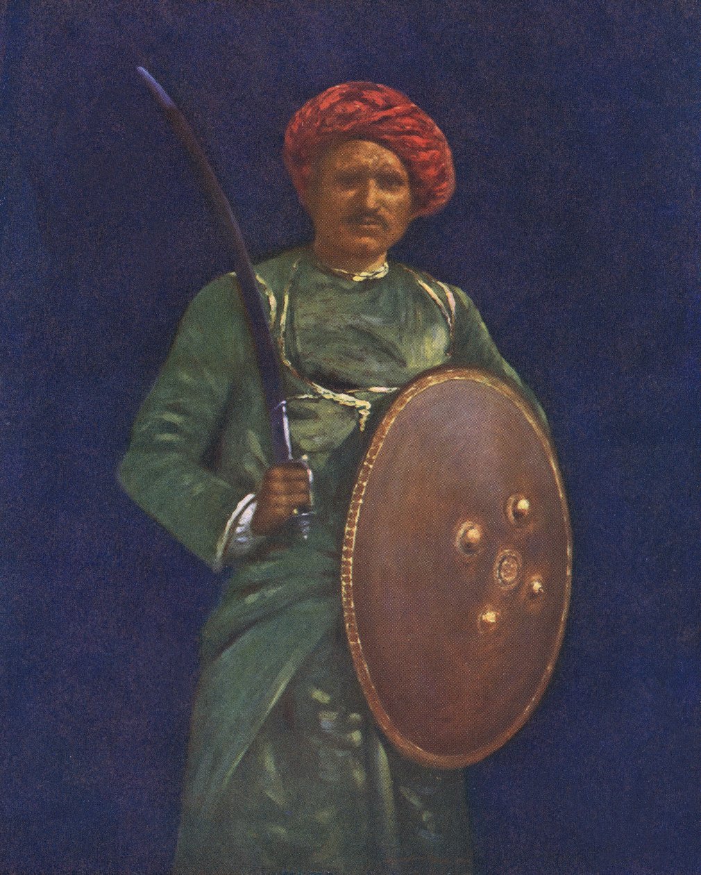 Indiai katona karddal és pajzzsal - 20. század eleje alkotó: Mortimer Ludington Menpes