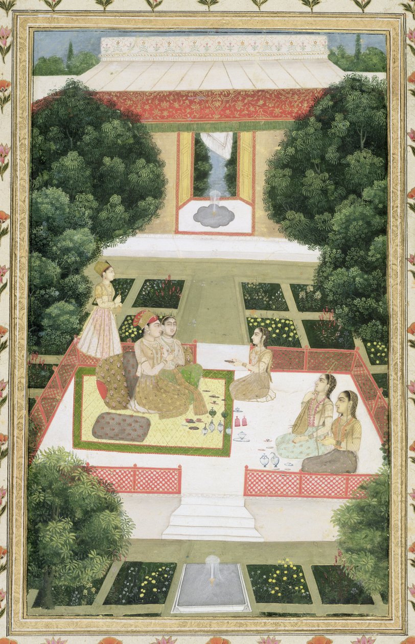 Egy házaspár a kertben zenét hallgatva női kísérőkkel, a Small Clive Albumból (papíron átlátszatlan wc) alkotó: Mughal School