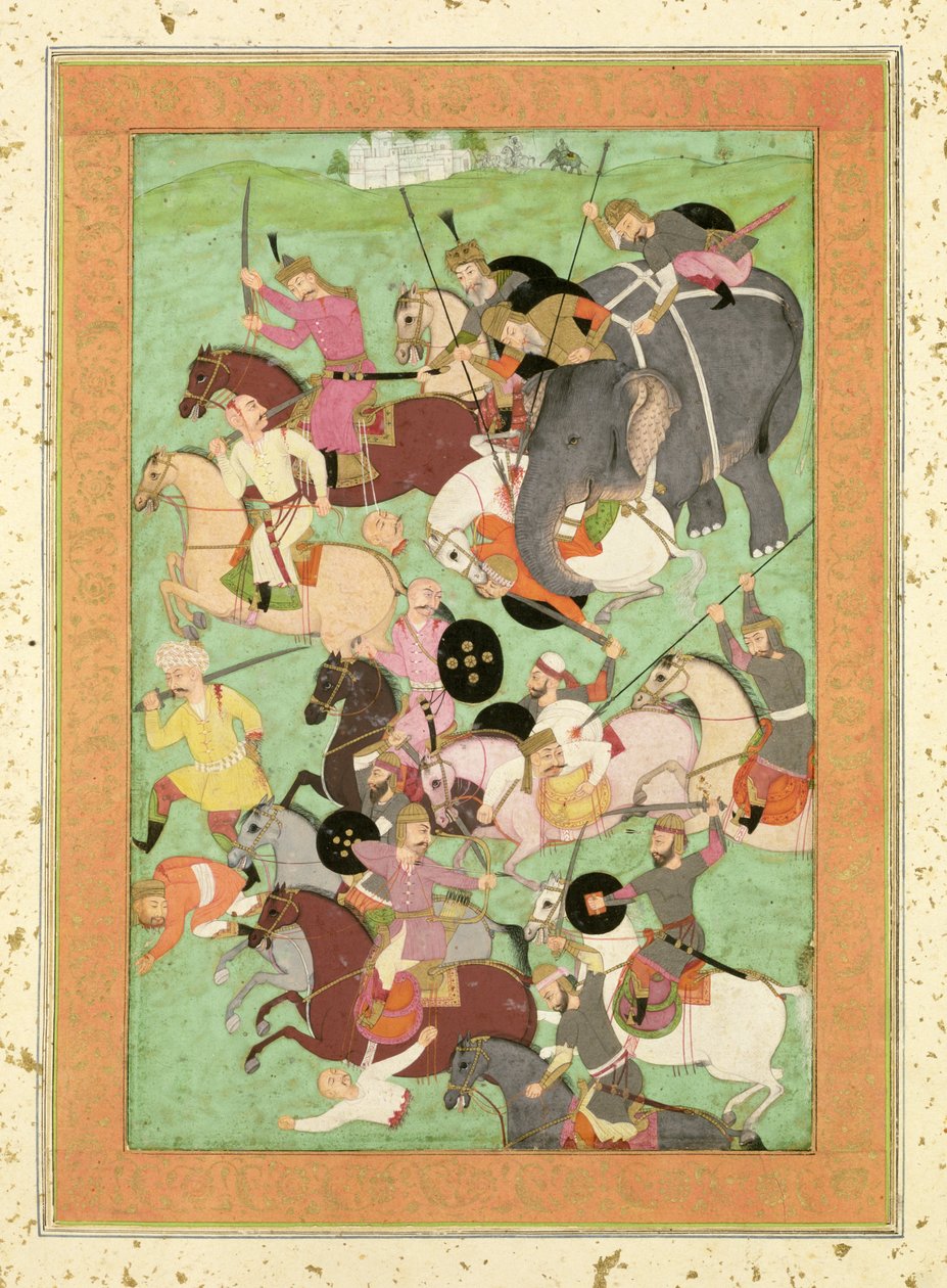 Csata Irán és Turán erői között, a Shahnama illusztrációja, Large Clive Album, 17. század közepe (papír, arany és bőr) alkotó: Mughal School