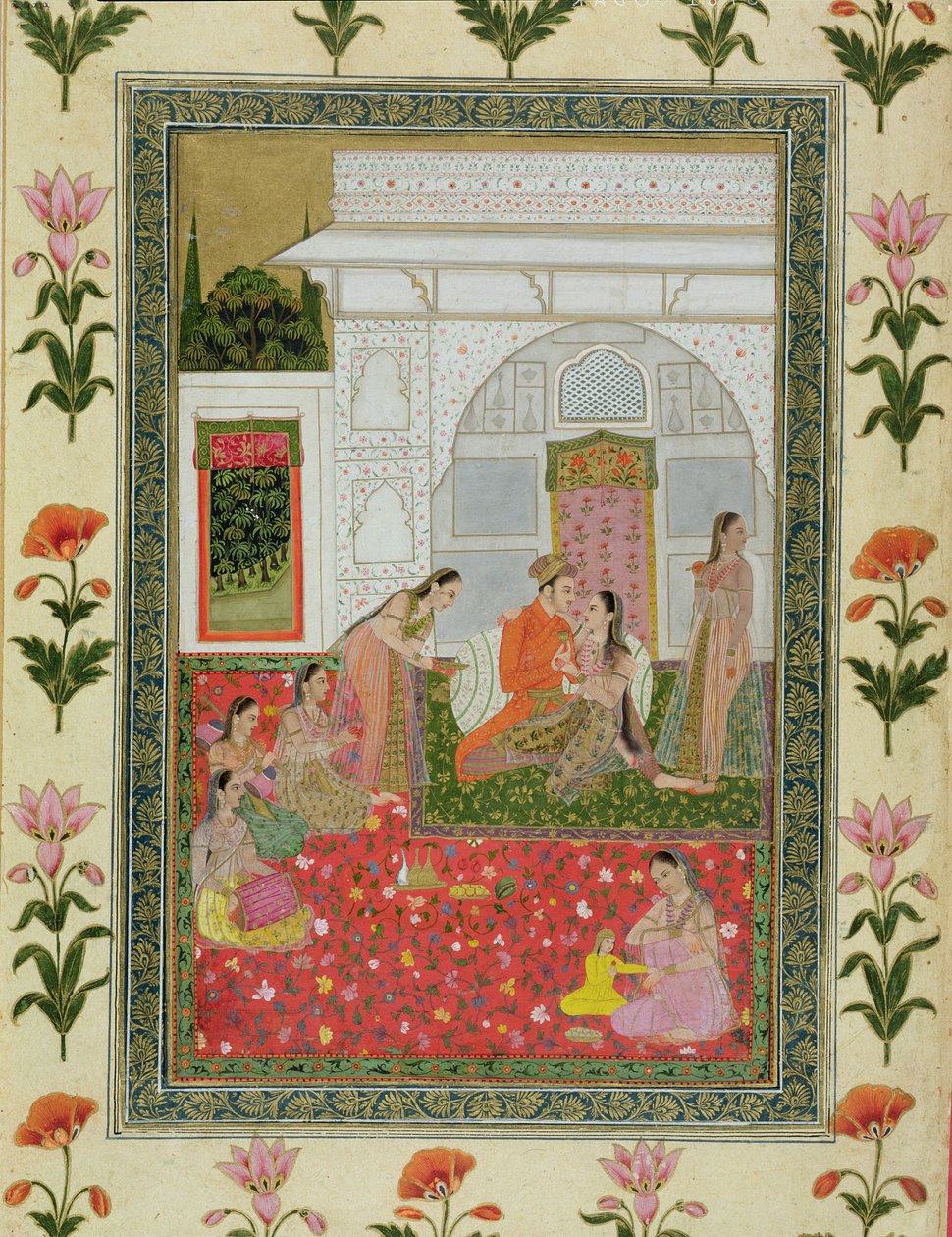 Pár női kísérőkkel és zenészekkel, a Small Clive Albumból alkotó: Mughal School