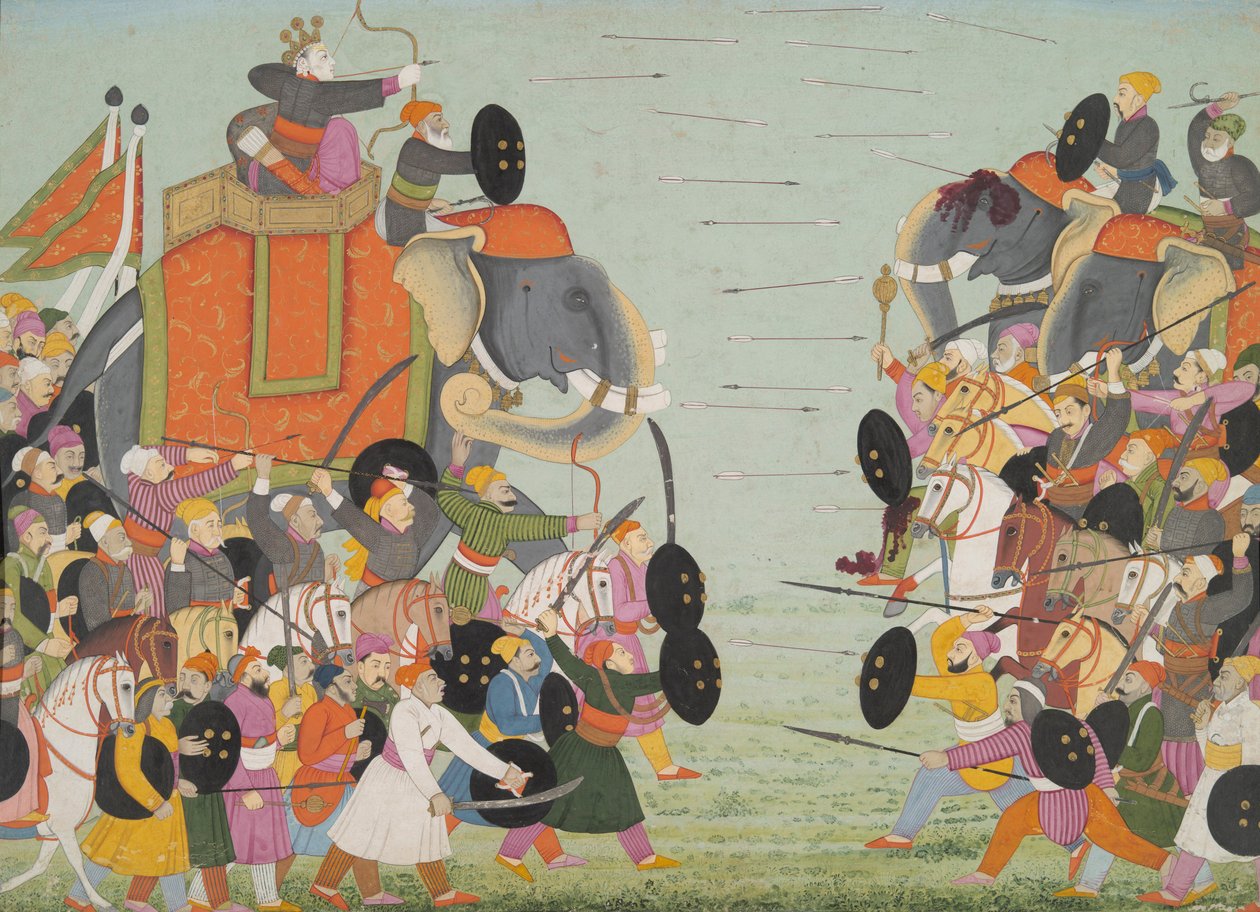 Illusztráció egy Bhagavata Purana sorozatból, 10. könyv, Balarama és Jarasandha csata, 1760-65 (wc és arany papíron) alkotó: Mughal School