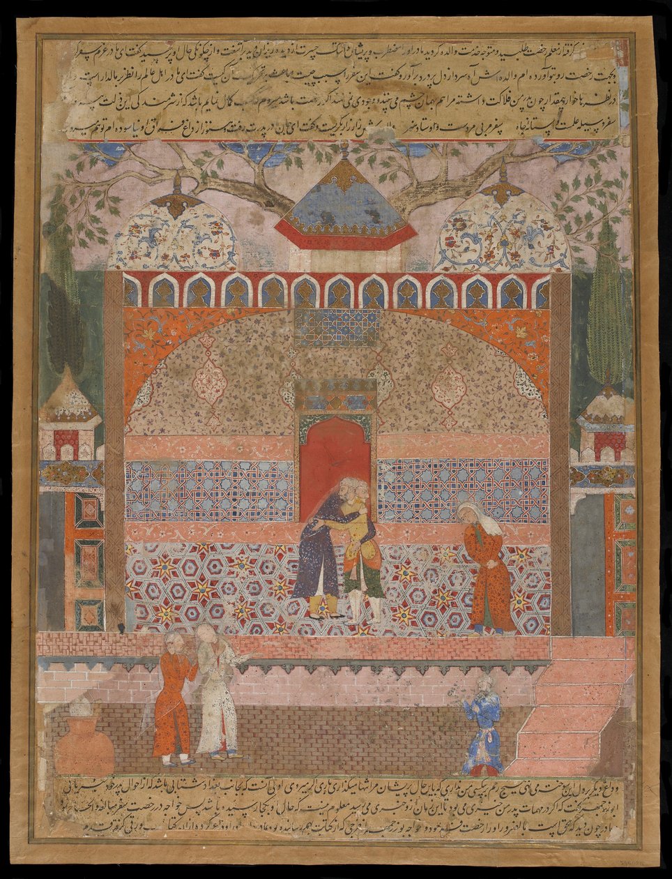 Khwaja Bozorgmehr búcsút vesz idős édesanyjától, hogy kimenjen a világba és jóvátételt keressen, a Hamzanama kéziratfóliójából, 1560-65 körül alkotó: Mughal School