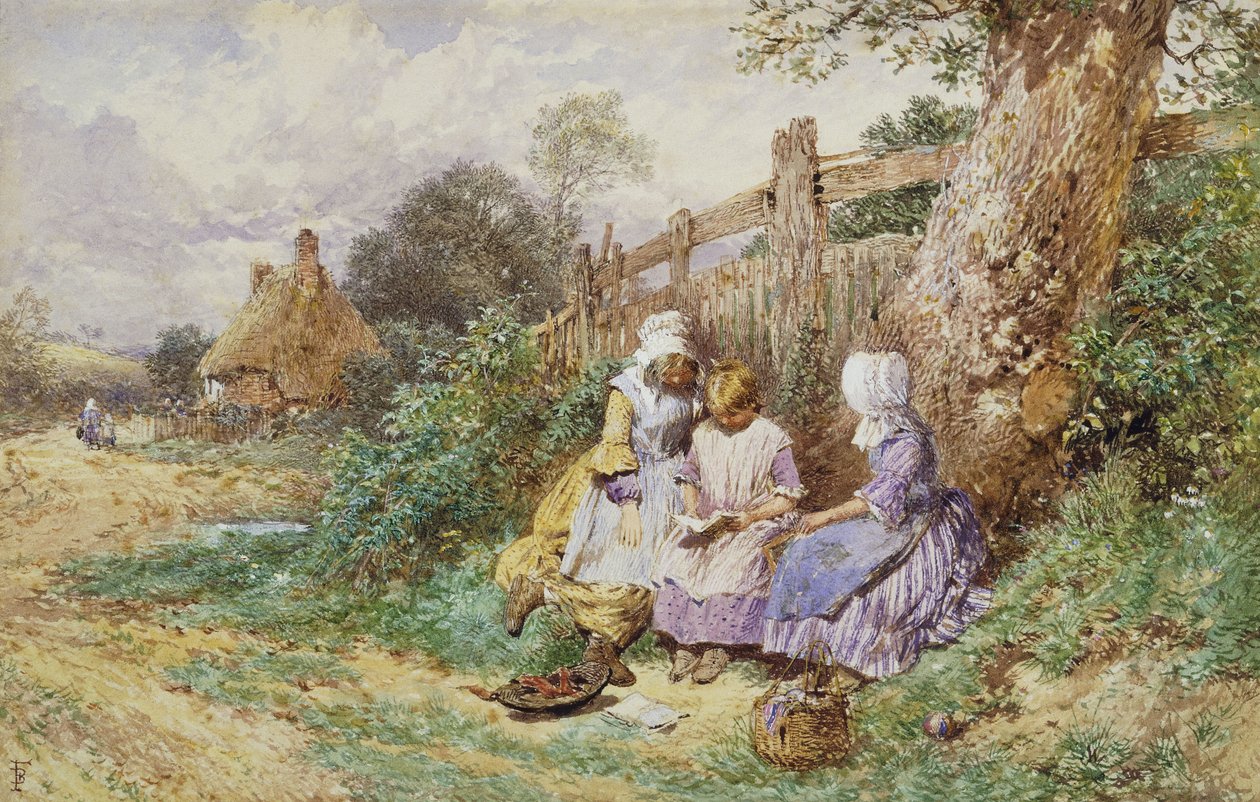 Gyerekek olvasnak a vidéki sáv mellett, alkotó: Myles Birket Foster
