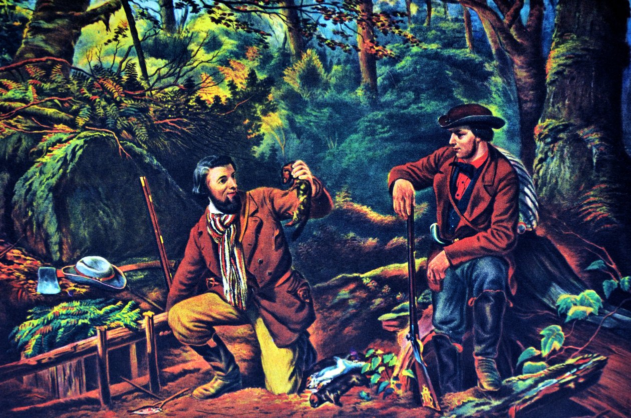 Currier & Ives illusztráció 19. század. Mink Trapping Prime alkotó: N. and Ives, J.M. Currier