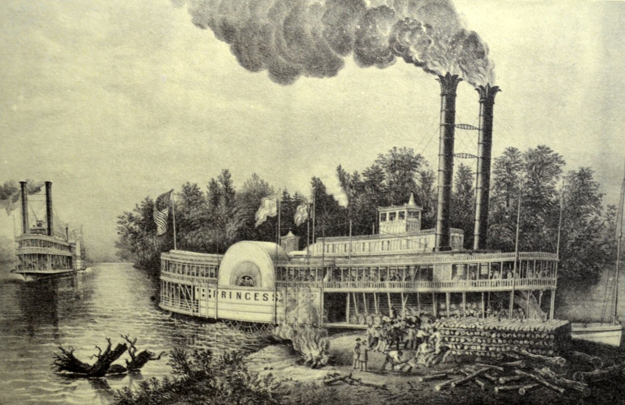 Currier & Ives illusztráció 19. század. Mississippi evezőlapátos gőzhajó alkotó: N. and Ives, J.M. Currier