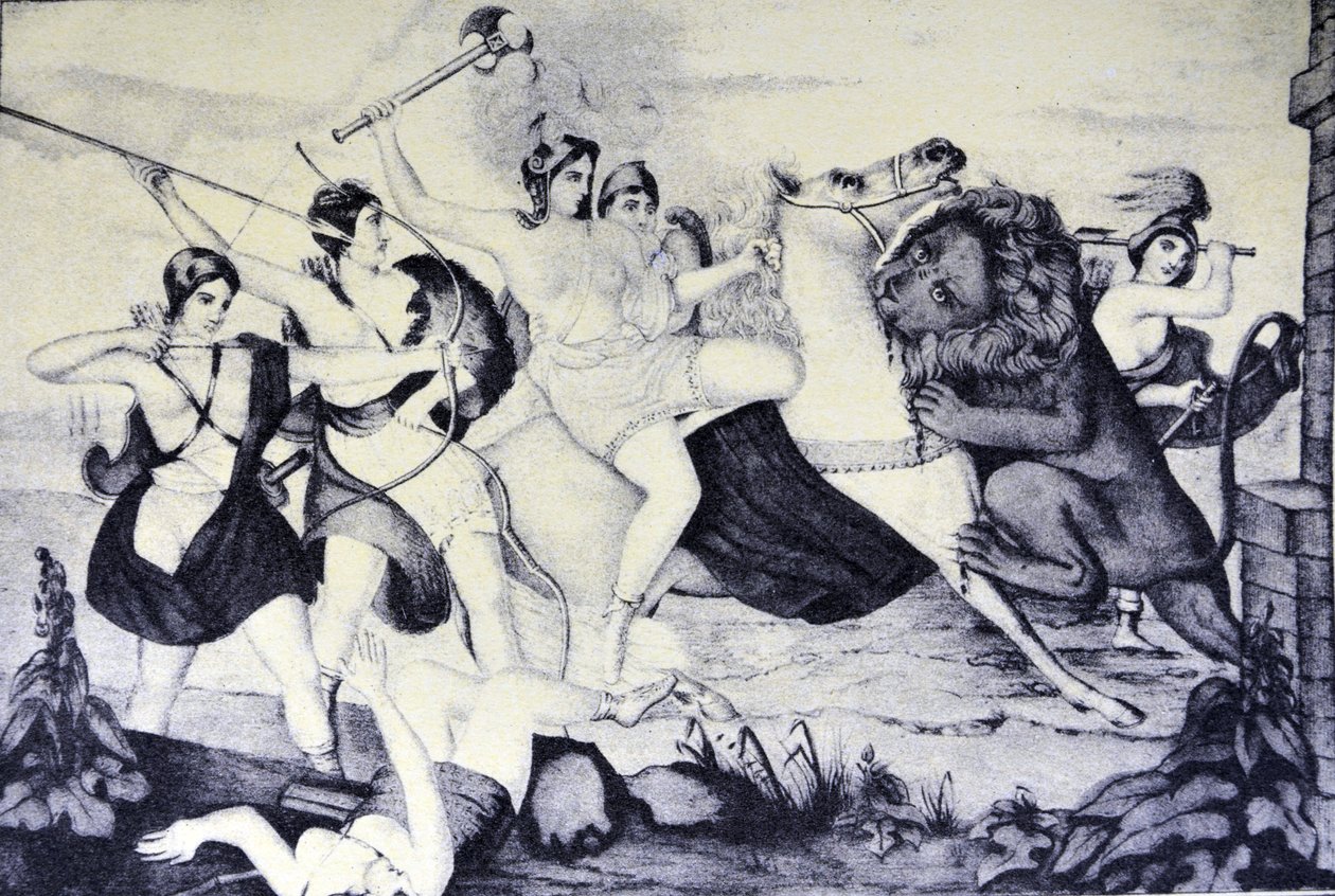 Currier & Ives illusztráció 19. század. Az amazonok királynőjét megtámadta egy oroszlán alkotó: N. and Ives, J.M. Currier