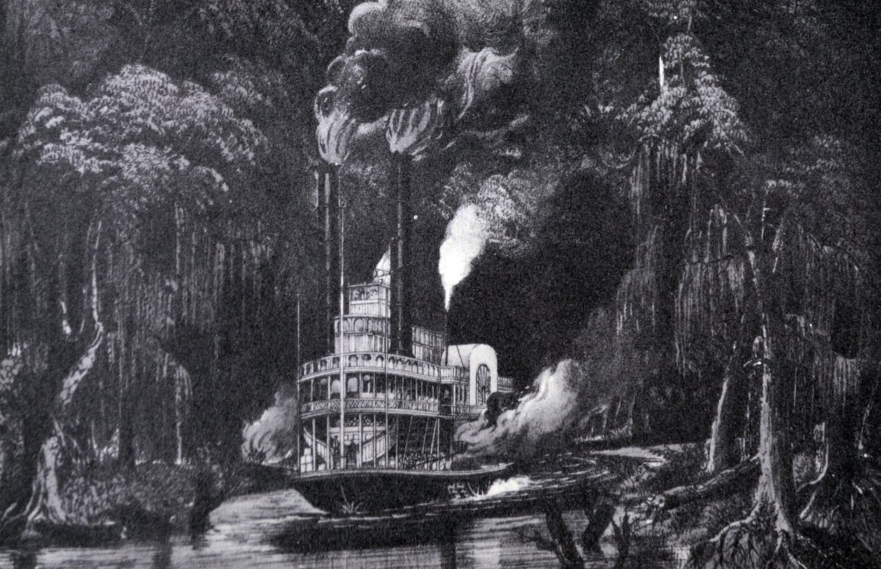 Currier & Ives illusztráció 19. század. A Bayou-n keresztül fáklyafénynél alkotó: N. and Ives, J.M. Currier
