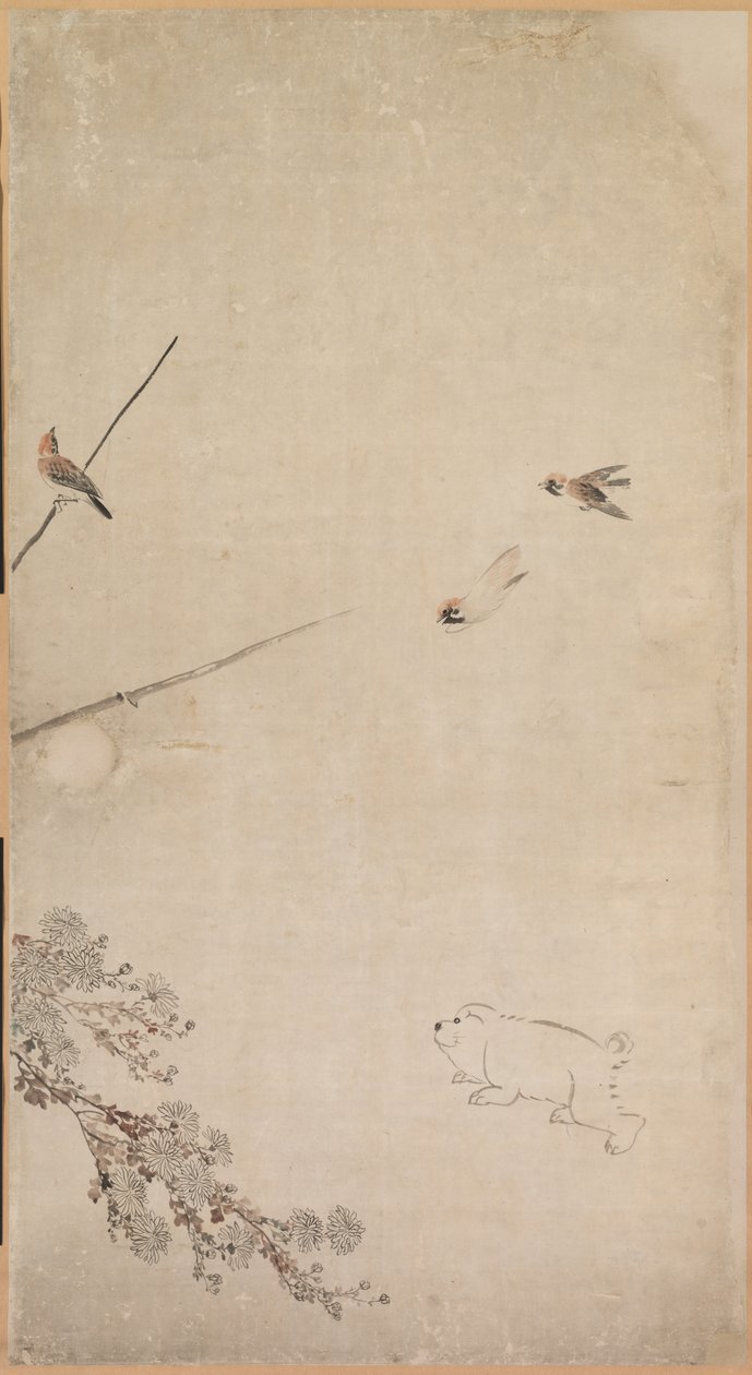 Kölyökkutyák, verebek és krizantémok, 1754-1799. alkotó: Nagasawa Rosetsu