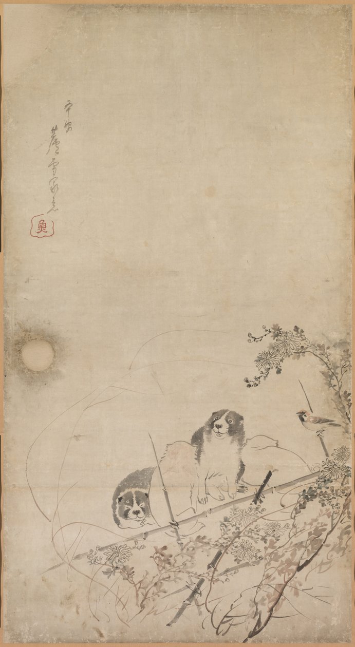 Kölyökkutyák, verebek és krizantémok, 1754-1799. alkotó: Nagasawa Rosetsu