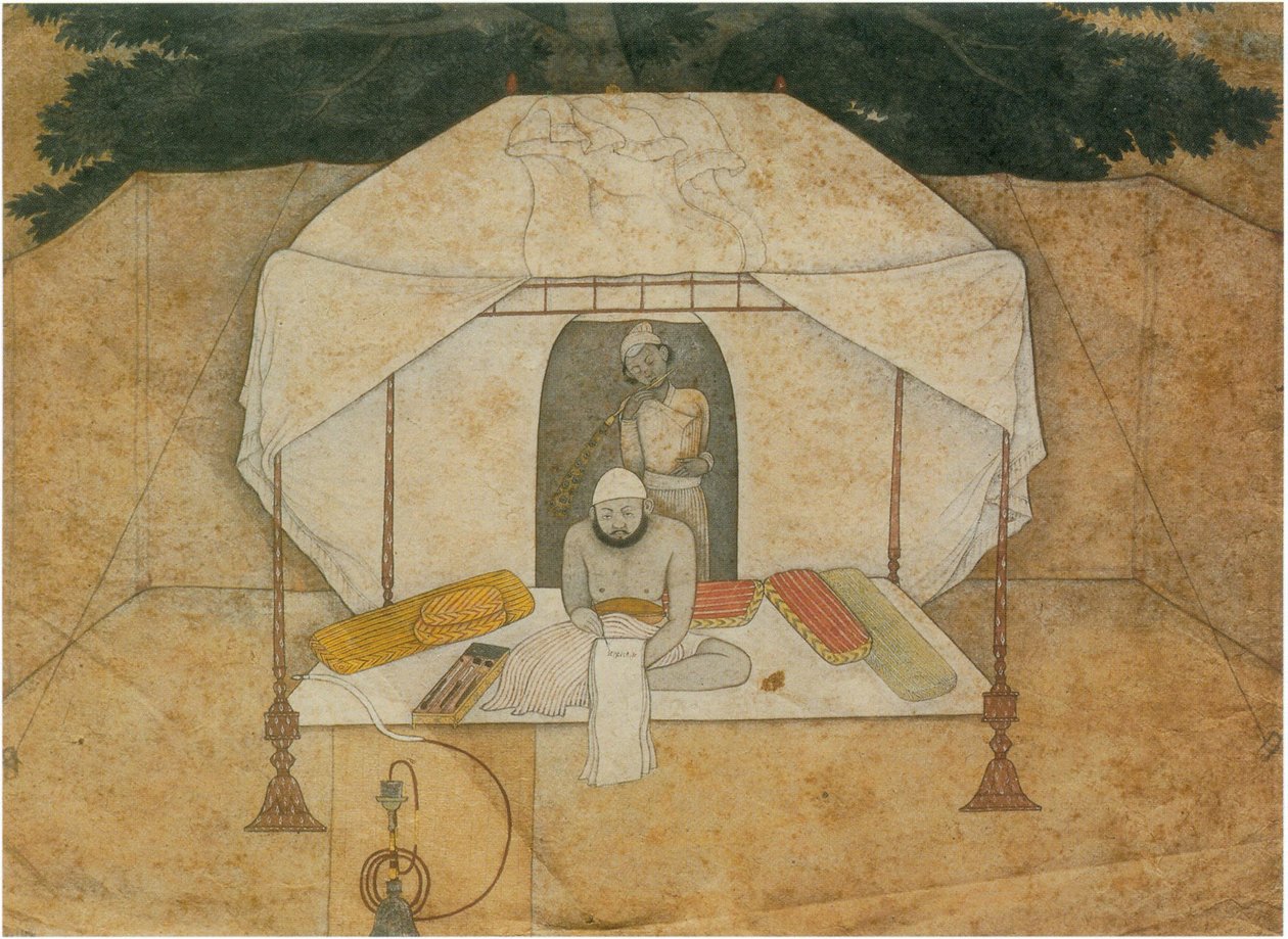 Balwant Singh ülve ír a tábori ágyon alkotó: Nainsukh